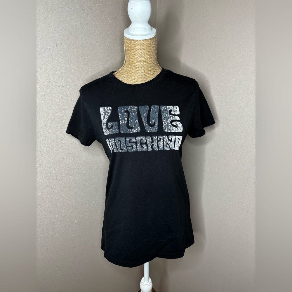 Love Moschino Women's Black and White Distressed T-Shirt Short Sleeve Size 10